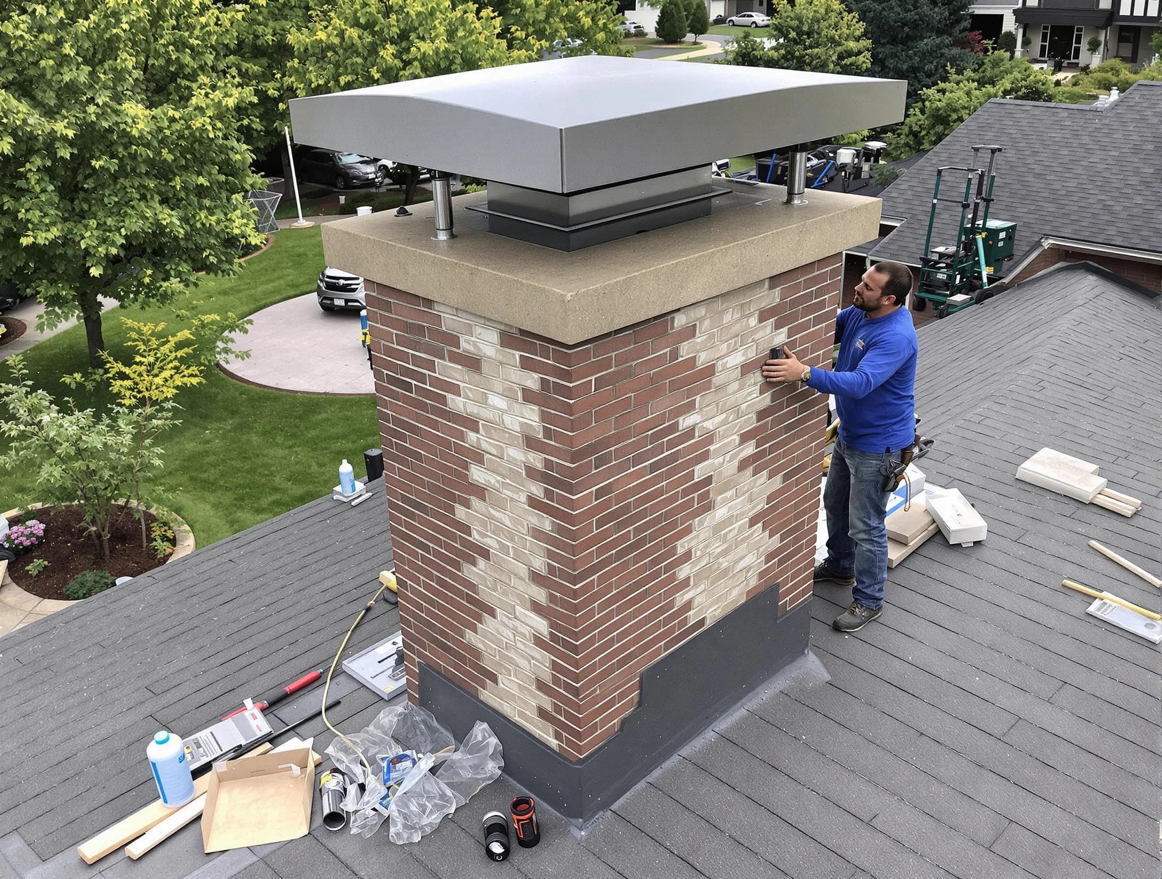 Pelham Chimney Sweep team working on a custom chimney remodel in Pelham, AL